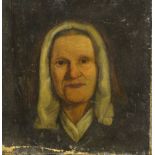 19thC School. Head and shoulders of a lady wearing a bonnet, oil on canvas, 45.5cm x 40.5cm.