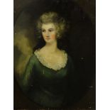 19thC British School. Half length portrait of a woman in a green dress with lace collar, oil on