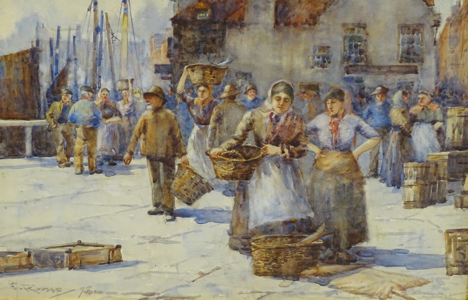 Frank Rousse (act. 1894-1917). Whitby fish market, watercolour, signed and dated (18)98, 29.5cm x