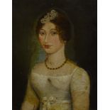 19thC British School Head and shoulders portrait of a young woman in a lace dress, 60.5cm x 50.5cm.