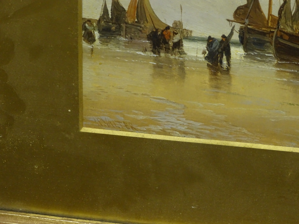 H. Walter. Coastal scene with fishing boats and figures, oil, signed, 17.5cm x 39cm. - Image 3 of 4