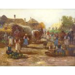 19thC Continental School. Figures in a market place, oil on canvas, indistinctly signed, 41cm x