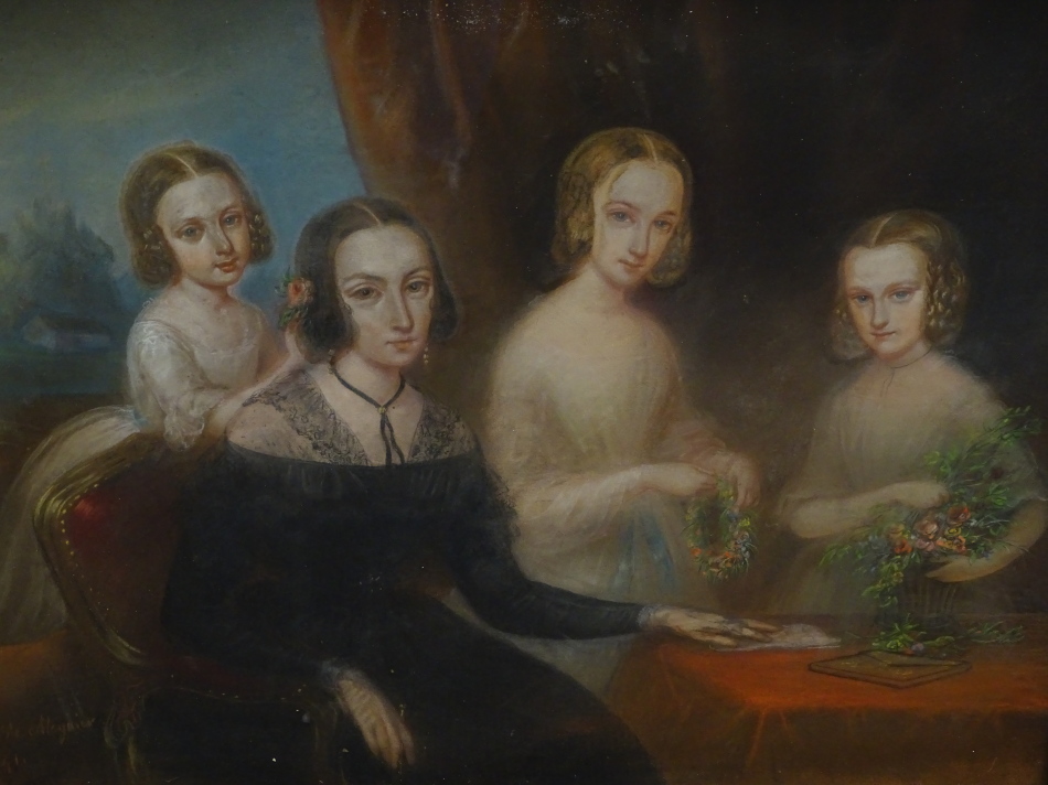 19thC Continental School. Portrait of Mme Coerine Dessierich de Ses 3 filles, pastel, titled