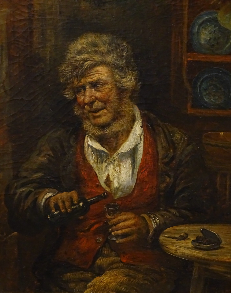19thC Continental School. Old gentleman pouring a drink, oil on canvas, indistinctly signed, 67.