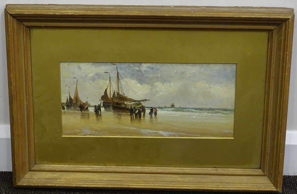 H. Walter. Coastal scene with fishing boats and figures, oil, signed, 17.5cm x 39cm. - Image 2 of 4