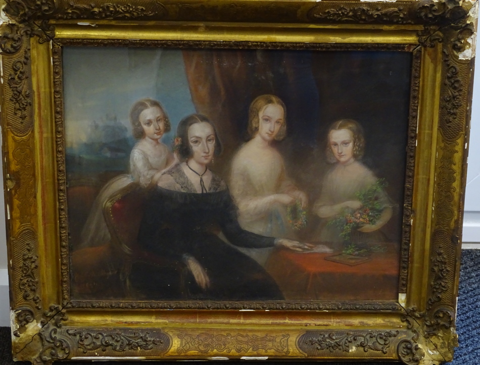 19thC Continental School. Portrait of Mme Coerine Dessierich de Ses 3 filles, pastel, titled - Image 2 of 5