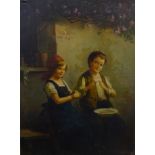 Kolosziary? (19thC/20thC). Children stringing beads, oil on canvas, signed, 99cm x 72cm.