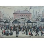Laurence Stephen Lowry (1887-1976). Market Scene in a Northern Town, artist signed coloured print,