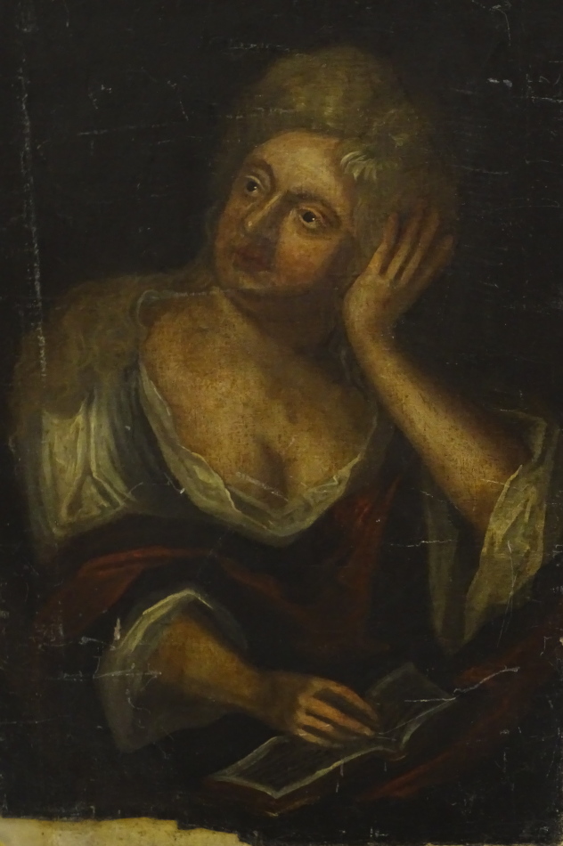 18thC/19thC School. Half length portrait of a lady reading a book, oil on canvas, 76cm x 46cm.