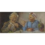 19thC School. Study of an old couple at the table, oil on canvas, 19cm x 39cm.