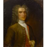 18thC School. Half length portrait of a gentleman in gold jacket, lace collar and wig, oil on
