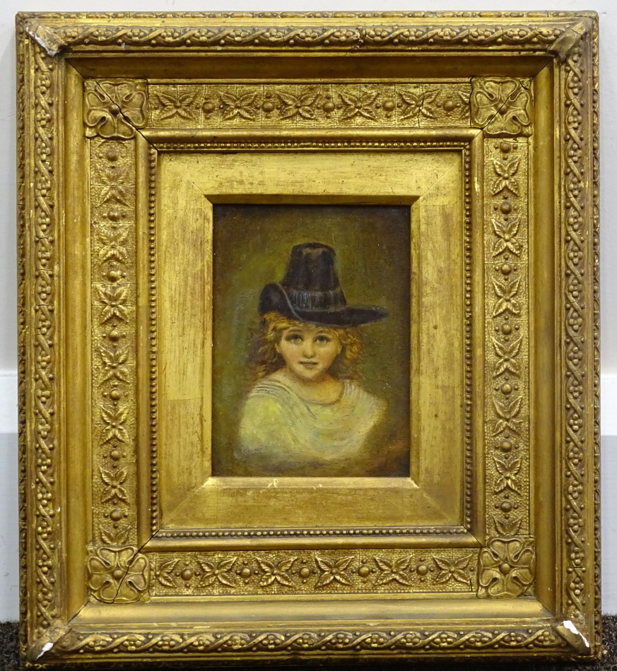 19thC British School. Head and shoulders portrait of a young woman wearing a hat, oil on board, 11. - Image 2 of 3