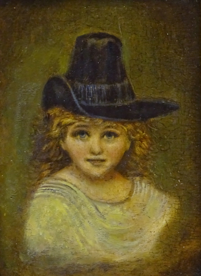 19thC British School. Head and shoulders portrait of a young woman wearing a hat, oil on board, 11.