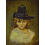 19thC British School. Head and shoulders portrait of a young woman wearing a hat, oil on board, 11.