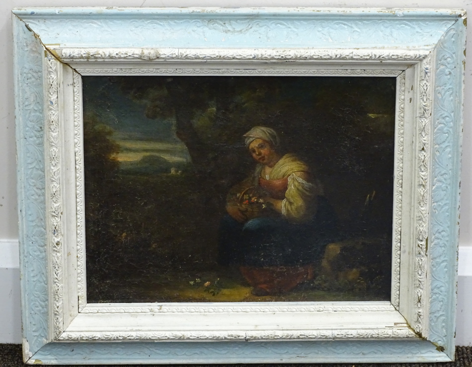 18thC/19thC British School. Maiden with basket of flowers, oil on canvas, 24.5cm x 32cm. - Image 2 of 3