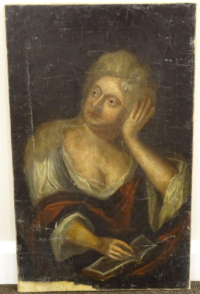 18thC/19thC School. Half length portrait of a lady reading a book, oil on canvas, 76cm x 46cm. - Image 2 of 3