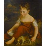 After Joshua Reynolds. Young child and puppy, oil on canvas, 75cm x 62cm.
