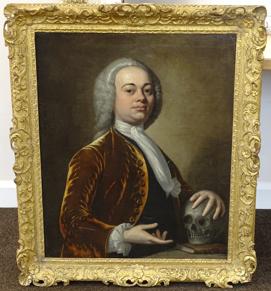 18th/19th School. Half length portrait of a gentleman with wig, silk scarf and gold jacket holding a - Image 2 of 3