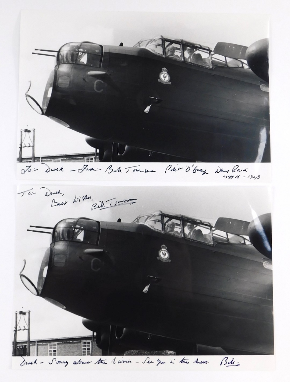 Two photographs of the Lancaster signed to the vendor by Dambusters Pilot Bill Townsend.