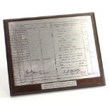 A printed stainless steel plaque depicting the log book page of Flight Lieutenant Taerum, of the "