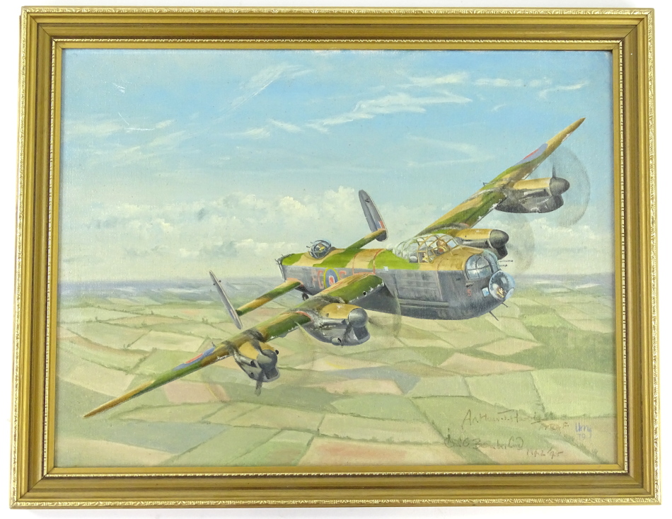 Urry. Lancaster bomber in flight, oil on canvas, laid to board, signed and dated '79, by the artist,