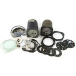 Various vintage metal cased altimeters, casing, glass fronts, one case 13cm diameter, etc., (a