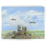 Reg Payne. Three Lancasters over Lincoln Cathedral, oil on canvas, signed and marked verso '50