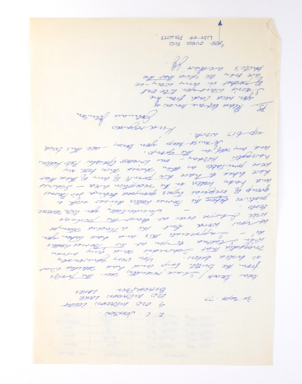 A letter written to the vendor by 617 Squadron Member Johnnie Johnson.