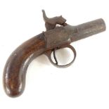 A 19thC box lock percussion muff pistol, with engraved scroll decoration to the lock plates and