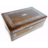 An early 19thC rosewood and mother of pearl writing slope, of rectangular form, with fitted interior