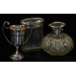 A George V silver two handled golf trophy, London 1935, (AF), 1.70oz, a cut glass scent bottle