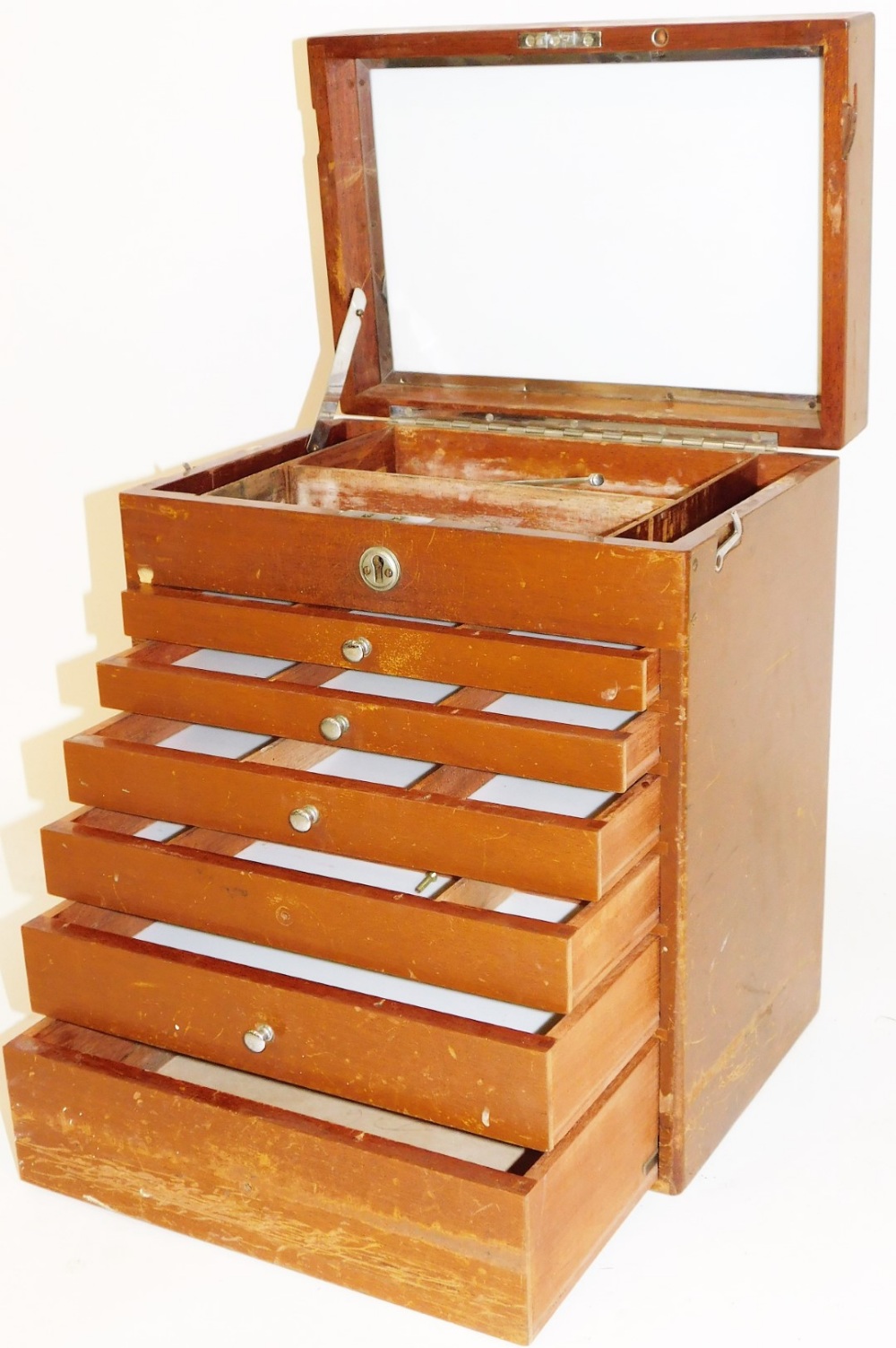 An early 20thC specimen cabinet, with chrome plated handle and seven front drawers, a hinged lid, - Image 2 of 2