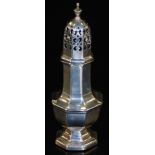 A George V Walker & Hall silver sugar caster, of octagonal design on a stepped foot, Sheffield 1927,