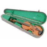 An early 20thC pine violin, with John Malloch label, with articulated ebonised knops, 61cm W, in