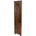 An oak narrow freestanding corner cabinet, with shaped open shelves, upper carved panels, all raised