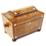 A 19thC rosewood and mother of pearl inlaid tea caddy, of sarcophagus form, with turned handles on