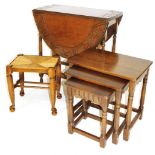 Various furniture, a 20thC stained elm stool, of rectangular form with rush seat, on turned legs