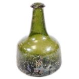 A small onion shaped green glass bottle, with original painted sections, in silvered decoration with