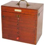 A late 19thC stained mahogany specimen cabinet, with brass handle, hinged lid and six front