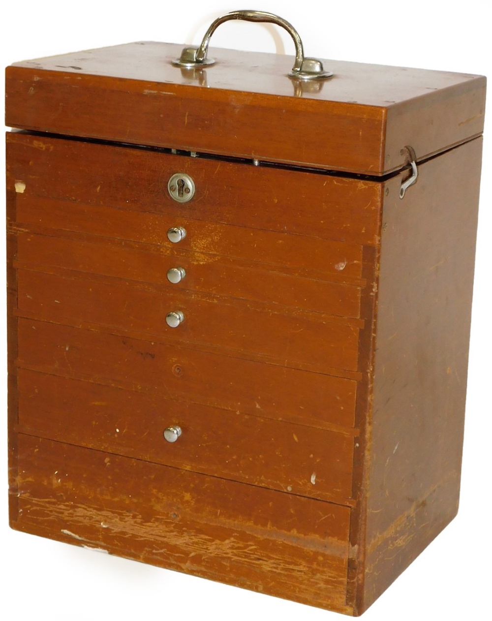 An early 20thC specimen cabinet, with chrome plated handle and seven front drawers, a hinged lid,