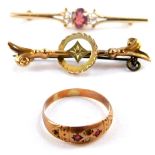 A Victorian 9ct gold bar brooch, 9ct gold and gem set bar brooch, and a Victorian seed pearl and