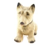 A 1930's pottery figure of a terrier, modelled seated, with a fabric collar and brass lead loop,