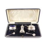 A George V silver three piece condiment set, of fluted form, raised on paw feet, with blue glass