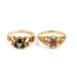 A 9ct gold ruby and seed pearl flower head ring, size K, together with a 9ct gold three stone