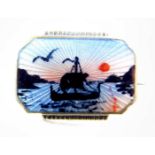 A 20thC Norwegian silver and guilloche enamel brooch, silhouette decorated with a long ship in a