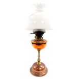 A Hinks' Duplex No 2 copper and brass oil lamp, with a white glass frilled shade, converted to