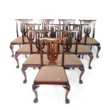An early 20thC set of ten Chippendale style mahogany single dining chairs, bearing labels for Nelson
