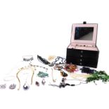 Silver and costume jewellery, including beads and necklaces, bracelet, brooches, and earrings,