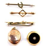 Three 9ct gold bar brooches, two gem set, oval photograph locket, stamped 9ct back and front, and