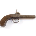 A 19thC flintlock pocket pistol, steel barrel and frame, with engraved foliate decoration, oak